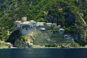 Athos peninsula, Greece The Monastery of Dionysiou located in the Monks Republic on the peninsula of Athos. View from a cruise ship.